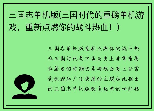 三国志单机版(三国时代的重磅单机游戏，重新点燃你的战斗热血！)